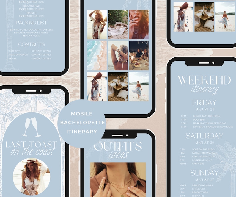 May include: A mobile phone screen displaying a bachelorette party itinerary with a blue and white floral design. The itinerary includes a list of activities for a weekend trip, including a pool party, drinks at a rooftop bar, and a wine tasting. The text on the screen reads "Weekend Itinerary" and "Last Toast on the Coast".