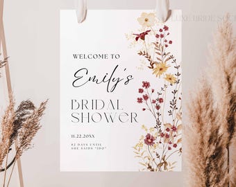 Autumn Floral Bridal Shower Welcome Sign, Boho Floral Bridal Shower Sign, Fall Florals Bridal Shower Poster Wedding Shower Editable Template