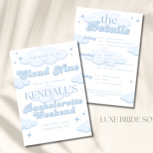 Bride on Cloud Nine Bachelorette Invitation and Itinerary Template, Cloud 9 Bachelorette, Dreamy Bach Weekend Itinerary, Canva Template
