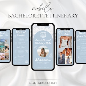 May include: A digital bachelorette itinerary displayed on five smartphones. The screens feature text and images, including "Weekend Vibes," "Weekend Events," "Seashells and Wedding Bells," "Outfit Ideas," and "Details of our trip." The background is a light blue color.