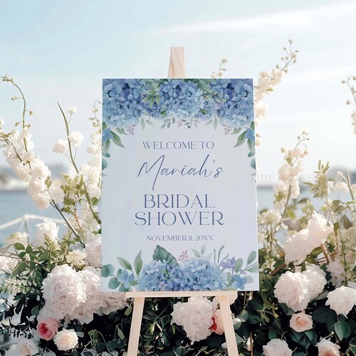 Blue Hydrangea Bridal Shower Welcome Sign, Something Blue Bridal Shower Welcome Poster Dusty Blue Floral Bridal Brunch Welcome Sign Template