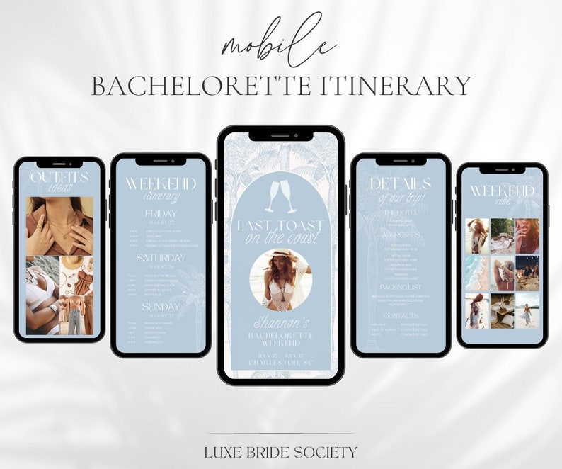 May include: A mobile phone screen displaying a bachelorette party itinerary with a blue background and white text. The itinerary includes details about outfits, weekend itinerary, details of the trip, and weekend photos. The text on the screen reads "Last Toast on the Coast" and "Shannon's Bachelorette Weekend".