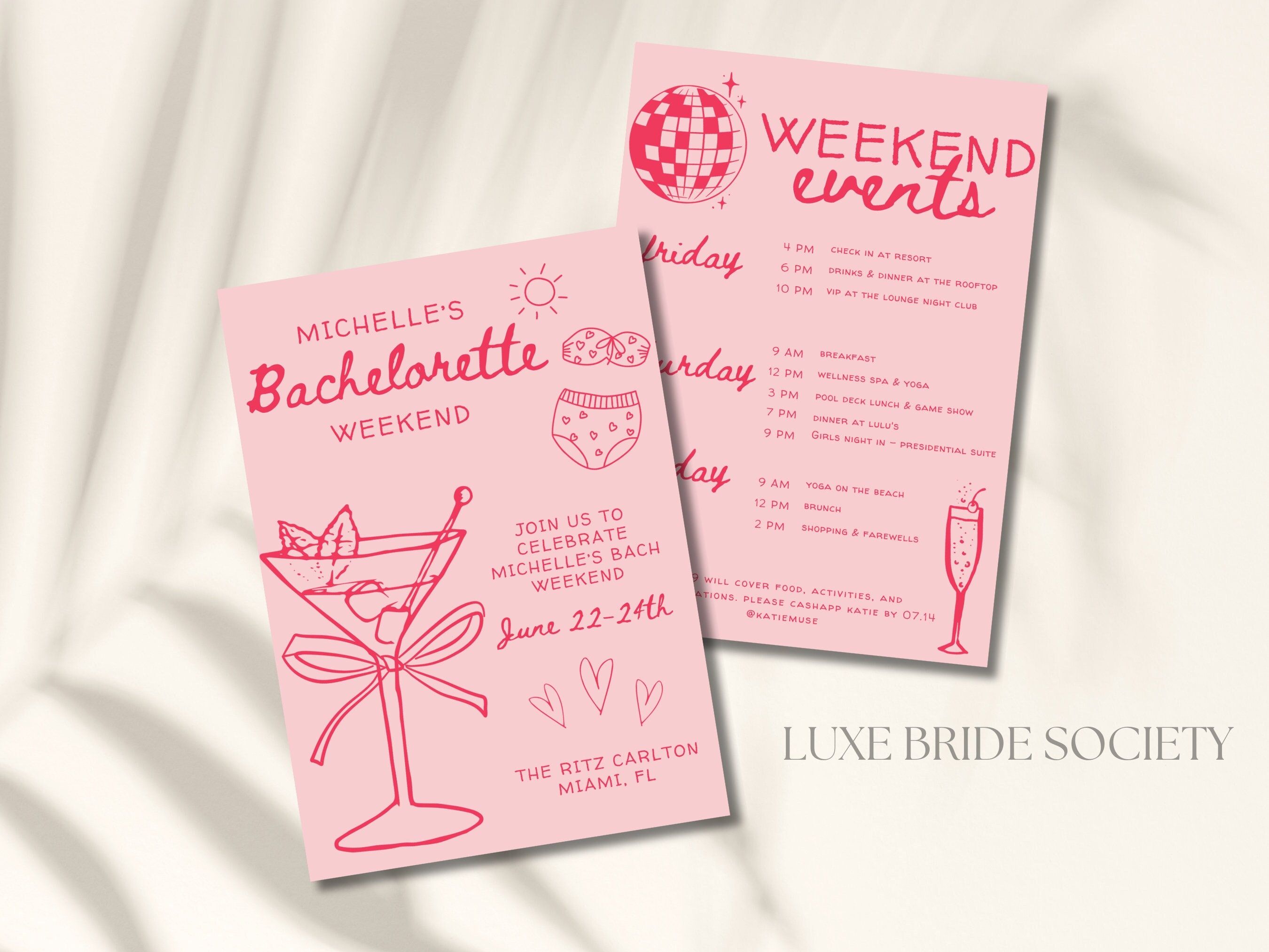 Beach Bachelorette Invitation and Itinerary Template, Trendy Coastal Bachelorette, Hand Drawn Tropical Bachelorette, Canva Template, Hen do