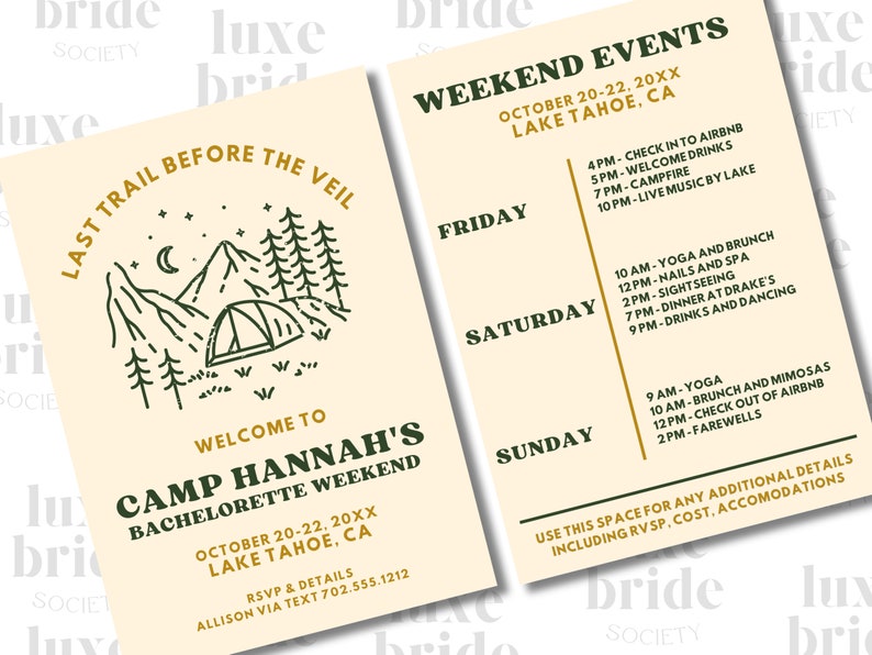 Camp Bachelorette Itinerary Template Camp Bachelorette Etsy