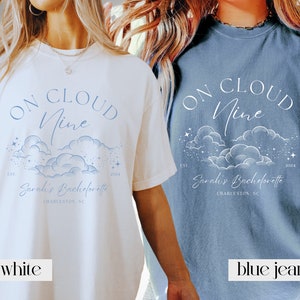 Sur des chemises EVJF sur Cloud neuf, sur des chemises EVJF sur le Cloud 9, produits dérivés EVJF personnalisés, chemises EVJF, chemise emplacement personnalisée