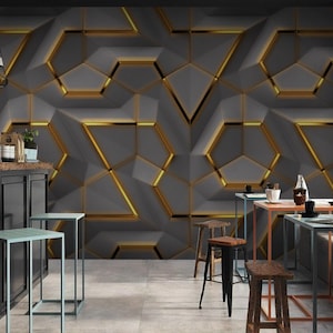 Self Adhesive Gold and Grey Geometric 3D Effect Abstract Shapes Non-Pasted Removable Wallpaper