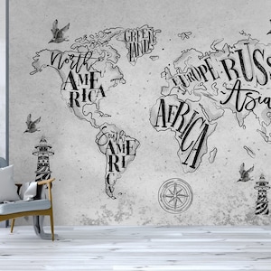 Mapa autoadhesivo monocromático de cemento Mapas del mundo Estilo moderno Papel tapiz extraíble sin pegar