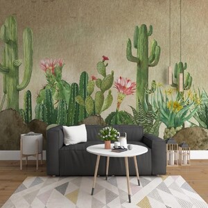 Carta da parati autoadesiva con fiori rosa, sfondo floreale, cactus del deserto verde, piante, carta da parati rimovibile non incollata