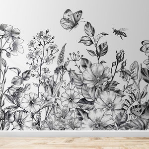 Self Adhesive Black and White Flower Charcoal Floral Exotic Non-Pasted Removable Wallpaper