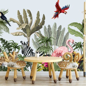 Self Adhesive Tropical Jungle Playing Wild Animals Non-Pasted Removable Wallpaper