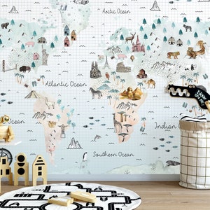 Papel pintado autoadhesivo suave con mapa del mundo, pequeños animales y lugares famosos, sin necesidad de pegar