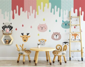Self Adhesive Colorful Cute Animal Faces and Watercolor Non-Pasted Removable Wallpaper