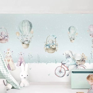 Self Adhesive Cartoon Squirrel Winterscape Hot Air Balloon Non-Pasted Removable Wallpaper