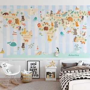 Papel tapiz autoadhesivo despegable sin pegar con diseño de animales y mapa del mundo colorido con patrón de rayas