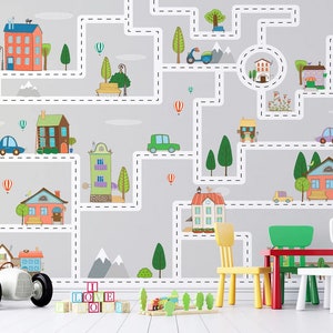 Zelfklevende huizen Wegen Kleuterschool Cartoon Stadsplan Auto's Niet-geplakt verwijderbaar behang
