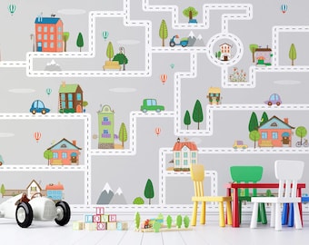 Self Adhesive Houses Roads Kindergarten Cartoon City Plan Cars Non-Pasted Removable Wallpaper