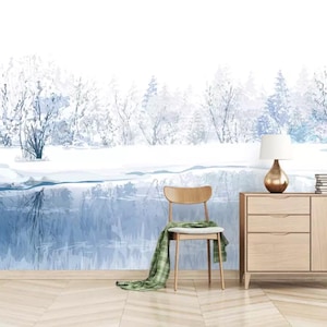 Self Adhesive Lake Winter Landscape Watercolor Painting Non-Pasted Removable Wallpaper