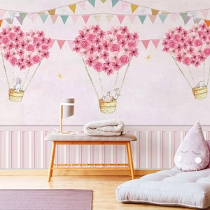 Self Adhesive Nursery Pink Hot Air Balloon Cartoon Rabbit Non-Pasted Removable Wallpaper