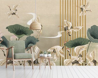 Papel tapiz autoadhesivo de estilo asiático, con diseño de pájaros, grullas chinas, flores de loto y removible, sin pegar
