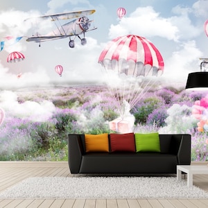Papel pintado removible no pegado de globo aerostático autoadhesivo con lavandas brumosas