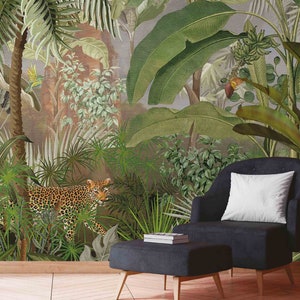 Self Adhesive Rainforest Leopard Tropical Jungle Plants and Trees Floral Non-Pasted Removable Wallpaper