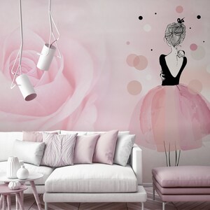 Self Adhesive Floral Ballerina Pink Rose Non-Pasted Removable Wallpaper