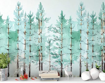 Self Adhesive Tropical Forest Mint Green Tree Modern Painting Jungle Non-Pasted Removable Wallpaper