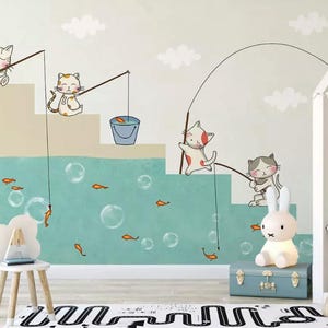 Self Adhesive Cartoon Colorful Cats and Fish Nursery Non-Pasted Removable Wallpaper