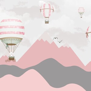 May include: Pink and white striped hot air balloons with bunny passengers flying over pink and gray mountains. The balloons have white polka dots and are tied with brown string.