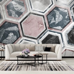 Self Adhesive Hexagon Geometric Shapes Feather and Marble Background Non-Pasted Removable Wallpaper