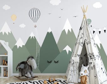 Papel pintado autoadhesivo extraíble sin pegar con globos aerostáticos, nubes, pájaros y montañas nevadas