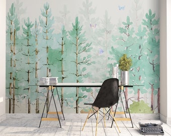 Self Adhesive Green Watercolor Trees and Butterflies Non-Pasted Removable Wallpaper