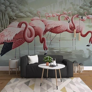 Selbstklebende Flamingo-Vintage Seelandschaft Retro nicht geklebte entfernbare Tapete