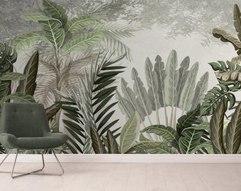 Papier peint amovible non collé auto-adhésif avec feuilles d'arbres de forêt tropicale