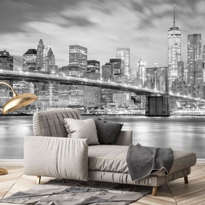 Selbstklebende Manhattan Wolkenkratzer Brooklyn Bridge Schwarz Weiß New York USA Nicht geklebte entfernbare Tapete