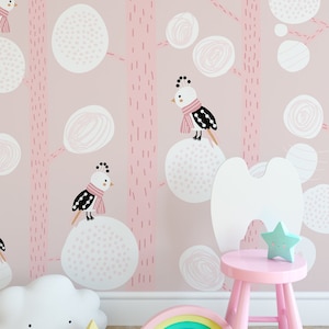 Papel pintado autoadhesivo de dibujos animados para niños, árbol de invierno, pájaro, no pegado, extraíble