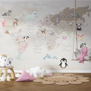 Carte du monde auto-adhésive pour enfants, créatures terrestres et marines, animaux, océans, papier peint amovible non collé