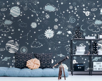 Self Adhesive Dark Space Starry Sky and Blue Planets Non-Pasted Removable Wallpaper