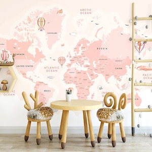 Fondo de mapa del mundo rosa autoadhesivo Animales Papel pintado extraíble no pegado