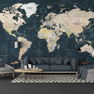 Papel pintado autoadhesivo de gran tamaño con mapa político oscuro y extraíble sin pegar