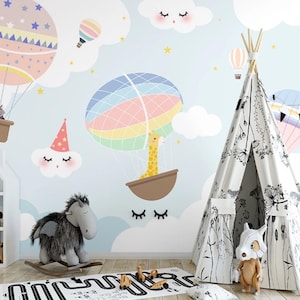 Self Adhesive Sleeping Clouds Lightblue Sky Hot Air Balloons Baby Giraffe Non-Pasted Removable Wallpaper