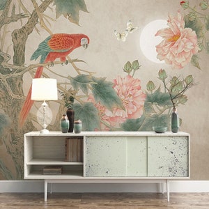 Self Adhesive Parrot Vintage Floral Peony Blossom Non-Pasted Removable Wallpaper