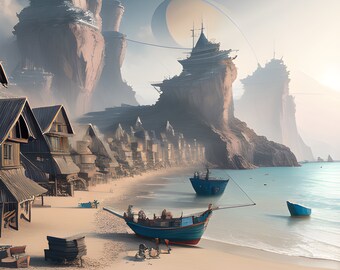 Fishing village of another world Thin canvas