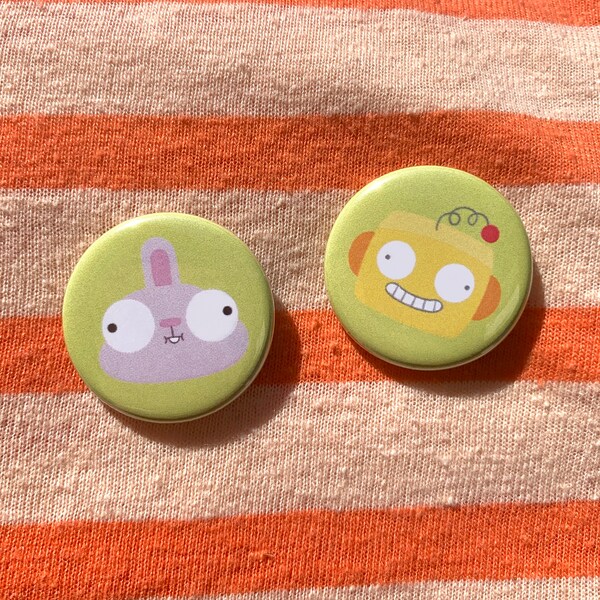 Baby Bunny and Plush Robot - Set of Two 1.25” Pinback Buttons