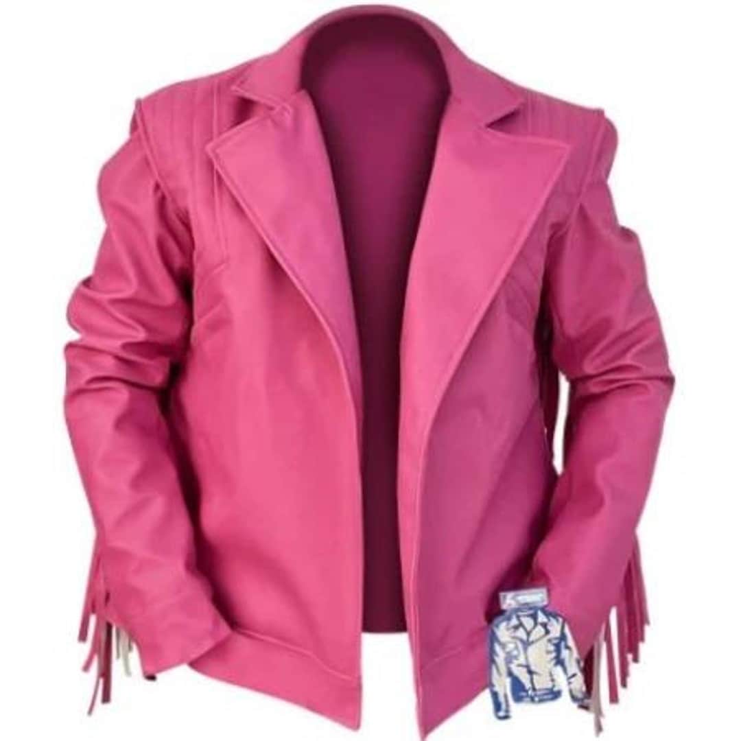 Jason Momoa Minecraft Movie Inspired Pink Fringe Leather Biker
