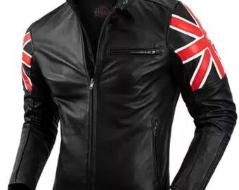 Chaqueta de motociclista vintage de cuero con bandera del Reino Unido para hombre. Hecha a mano en cuero genuino marrón, estilo retro de motocicleta.