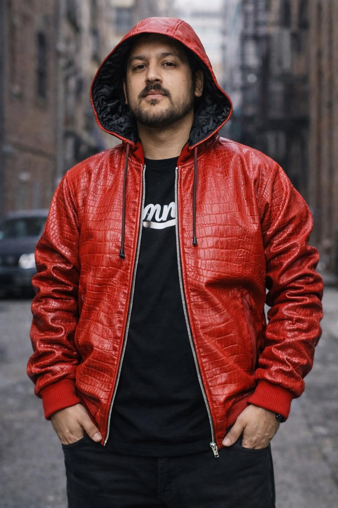 Red Crocodile Faux Leather Bomber Hoodie Jacket – Streetwear Style