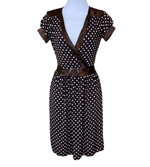 BolBou Short Puff Sleeve Faux Wrap V-Neck VTG Brown Polka Dot Midi Dress Sm