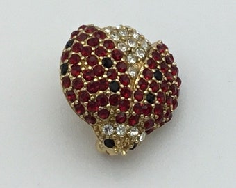 Monet Signed Gold Tone Vintage Ladybug Brooch Red Clear Black Glass Crystals