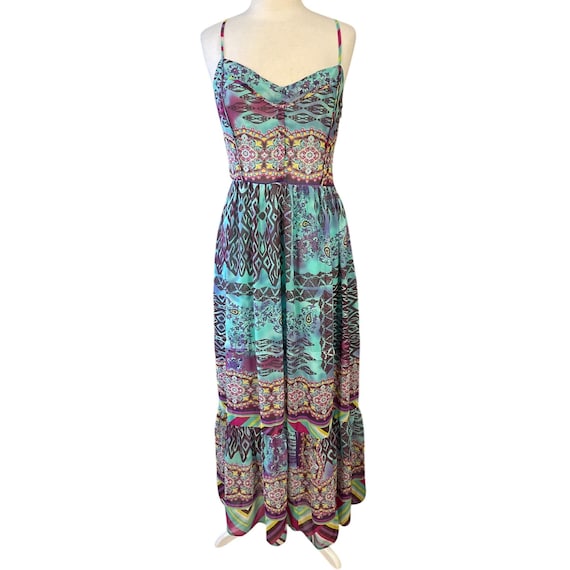 betsey johnson boho dress Betsey Johnson VTG Y2K Boho Multicolor Strappy Maxi Slip Dress Ruffle Hem  10